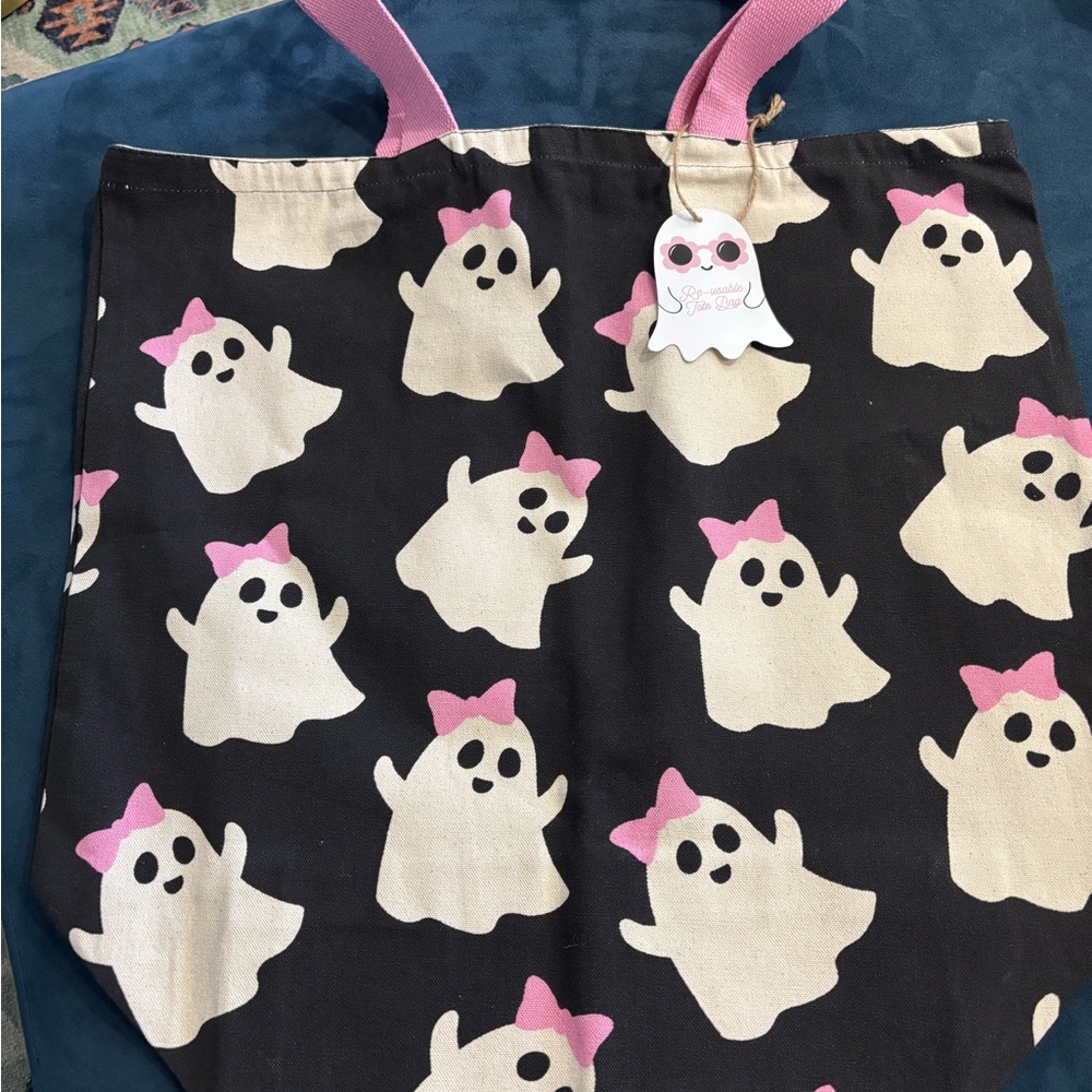 Ghost Print Tote Bag with Pink Accents